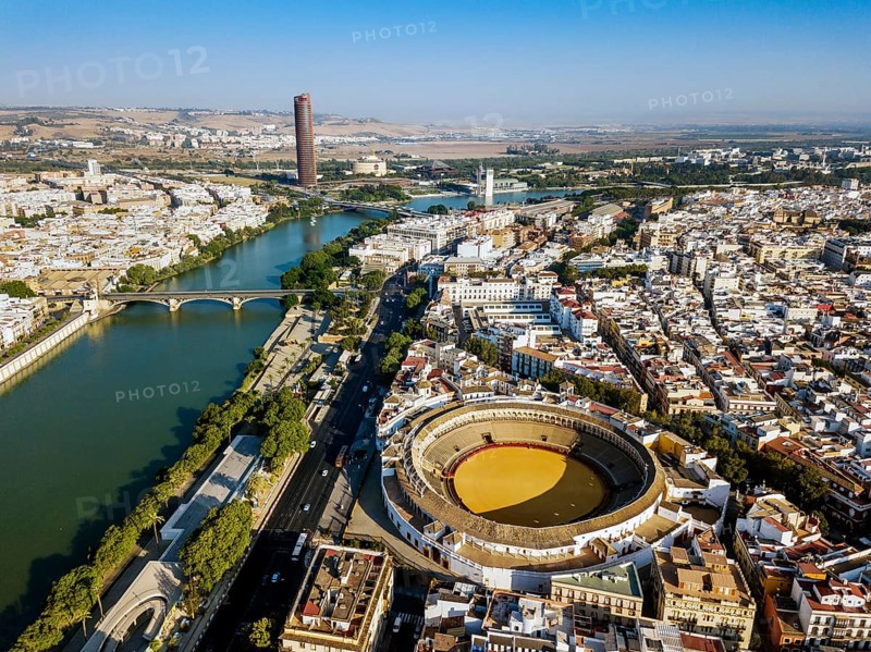 Bullring of the Real Maestranza de Caballeria surrounded by white architecture in Sevilla