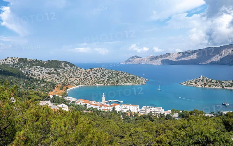 View of Monastery of Archangel Michael Panormitis and Panormitis Bay