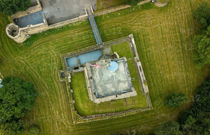Bird's-eye view of ruins of partly reconstructed former moated castle Altendorf from the Middle Ages