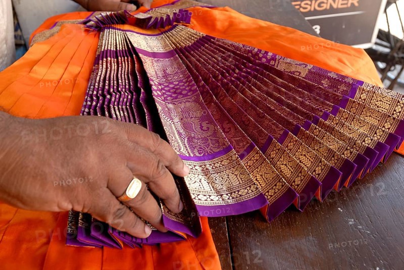 A tailor making Bharat Natyam costume at Mylapore