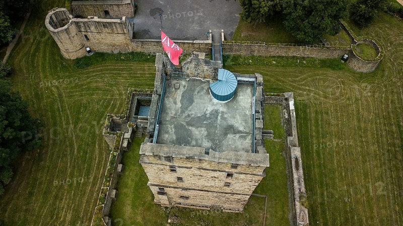 Bird's eye view of the ruins of the partially reconstructed former moated castle of Altendorf Castle from the Middle Ages