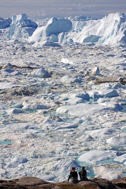 People sitting in front of fjord covered with ice and icebergs