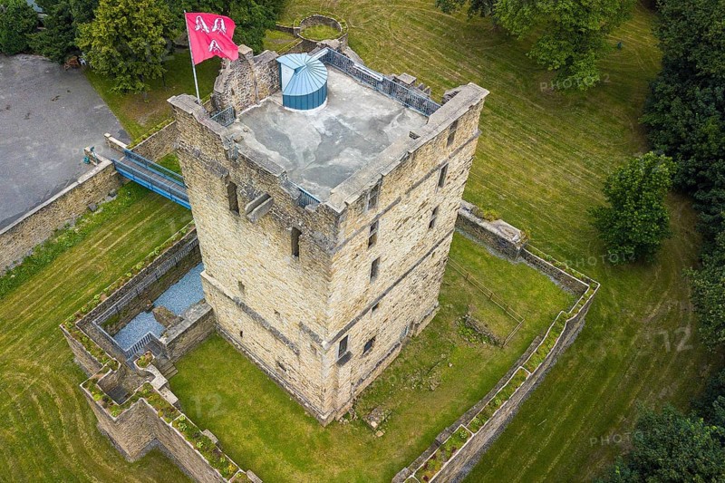 Bird's-eye view of ruins of partially reconstructed former moated castle Burg Altendorf from the Middle Ages