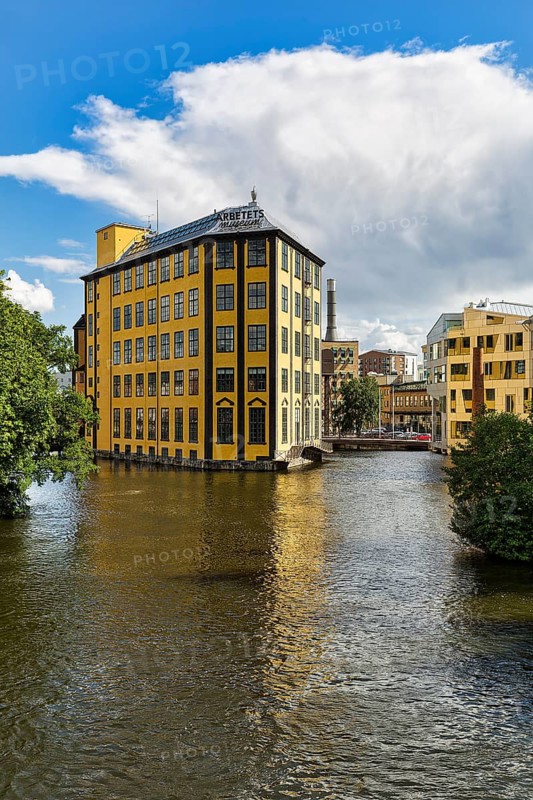 Former factory building Styrkjaern on the island of Laxholmen in the Motala stroem river