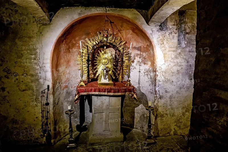 Altar in Crypta of Pope Adrian I in ancient cellar of Church of Santa Maria in Cosmedin