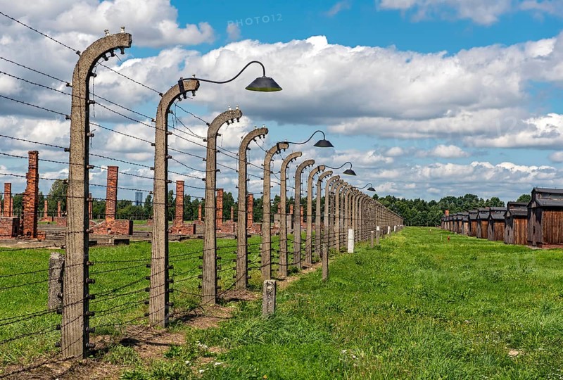 Barbed-wire fence and lamp-post at Auschwitz II-Birkenau concentration camp