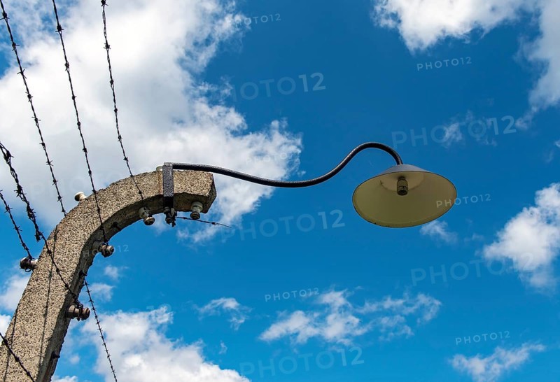 Barbed wire fence and lamppost at Auschwitz II-Birkenau concentration camp