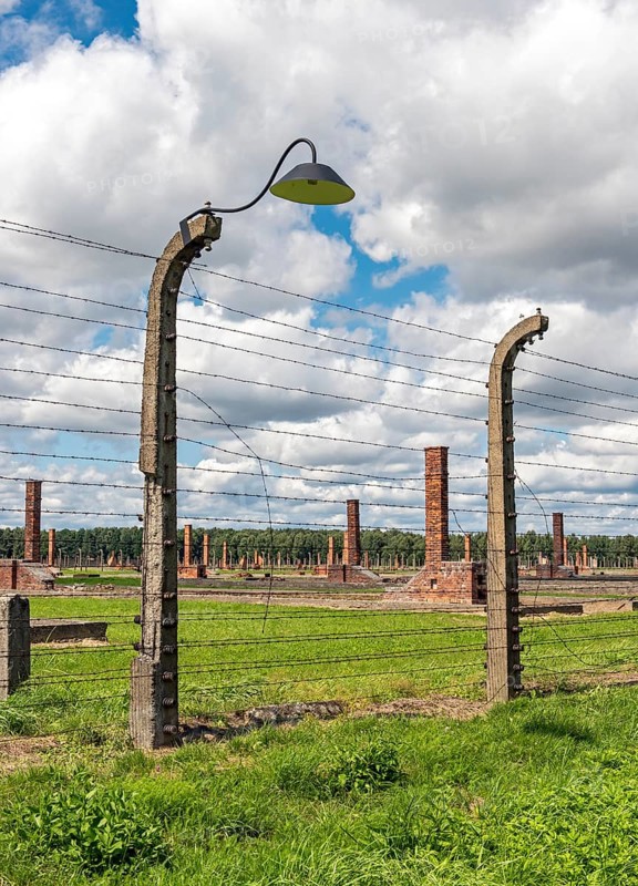 Barbed-wire fence and lamppost at Auschwitz II-Birkenau concentration camp