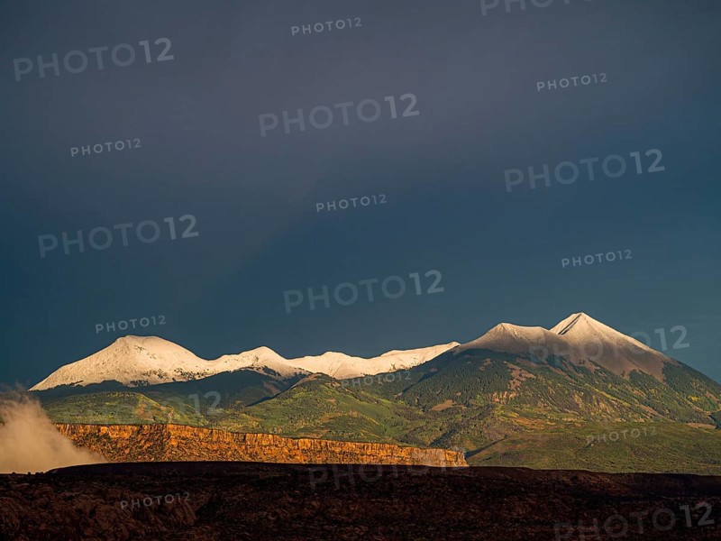 Snow-capped peaks of the La Sal Mountains range in autumn