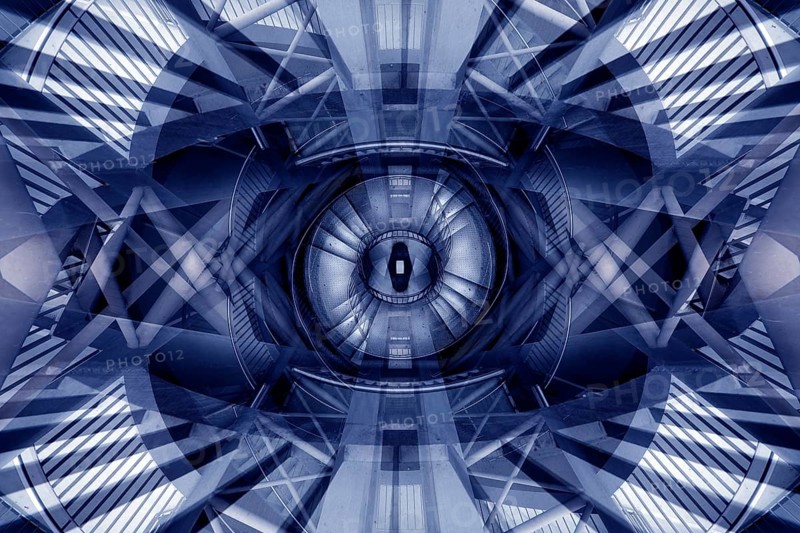 Experimental blue photographic image based on the staircase at Reinoldikirche underground station