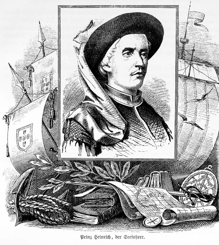Portrait with ship and map of Prince Henry the Navigator