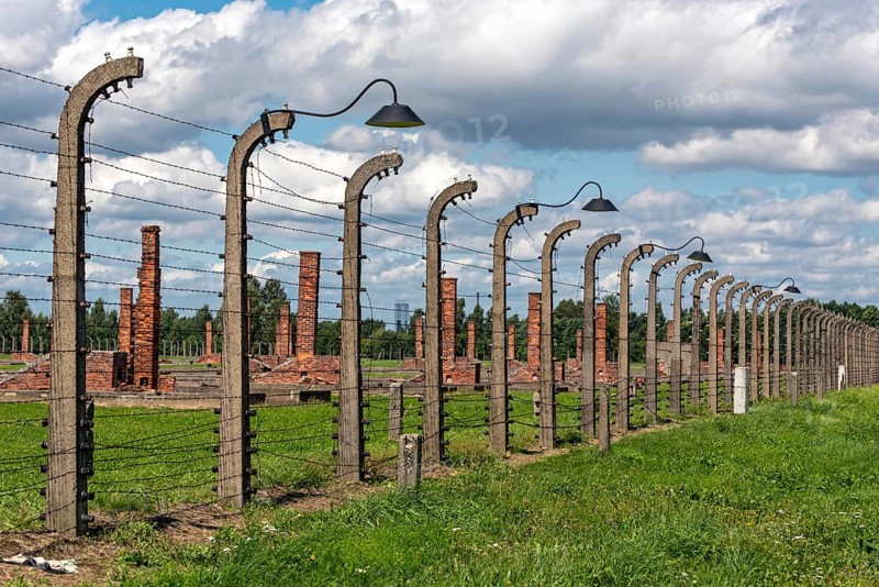Barbed-wire fence and lamp-post at Auschwitz II-Birkenau concentration camp
