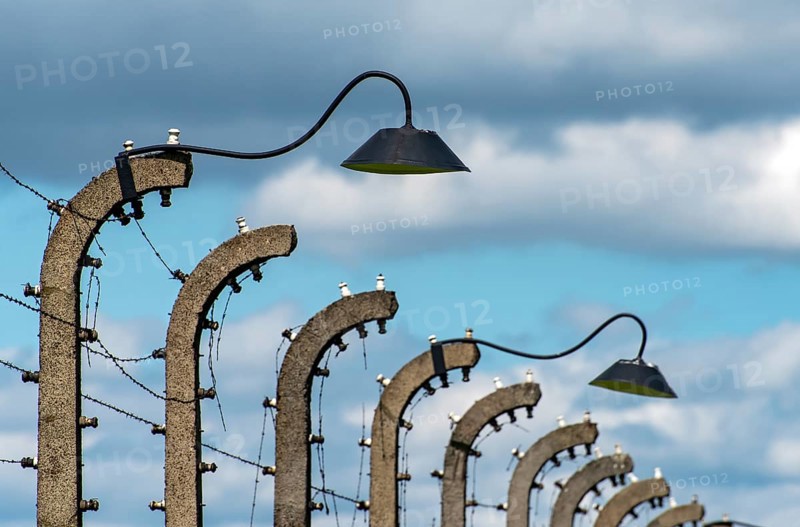 Barbed-wire fence and lampposts at Auschwitz II-Birkenau concentration camp