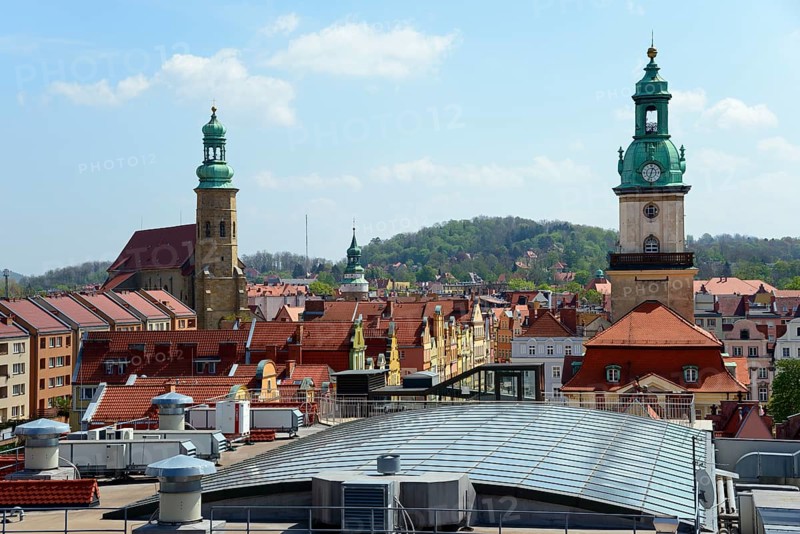 View from the lookout tower to St. Erasmus Church and Town Hall