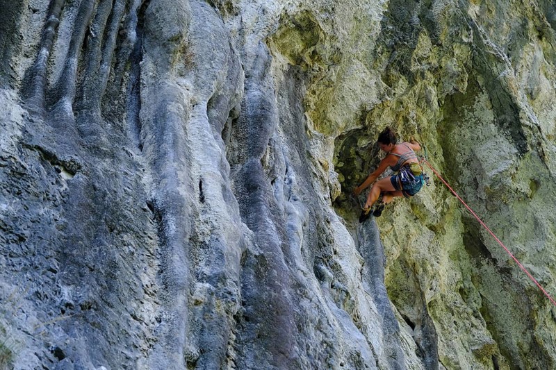 Climbing on a rock wall