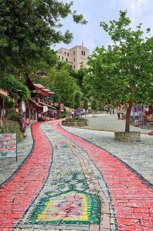 Painted paved road leading to Kruje Castle