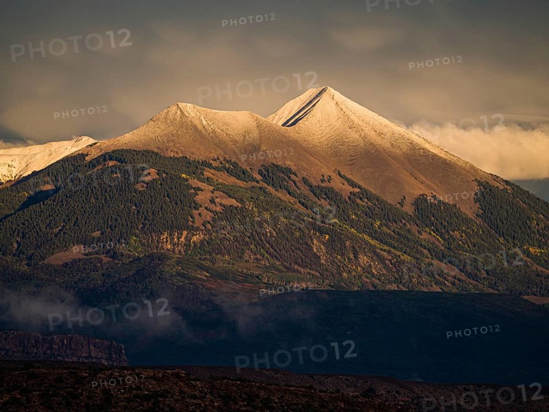 Snow-capped peaks of the La Sal Mountains range in autumn
