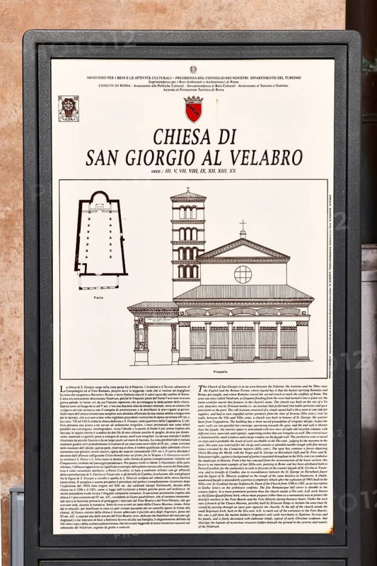 Tourist information board on the Church of San Giorgio al Velabro