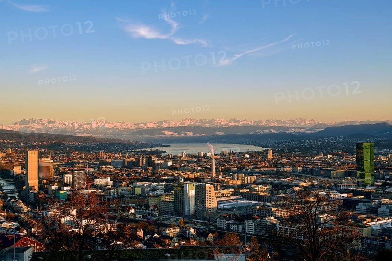 Panorama Zurich with Lake Zurich and the Alps