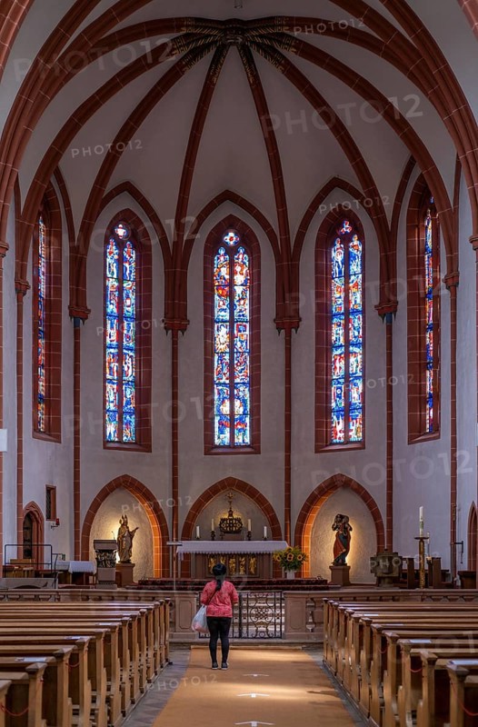 A woman stands devoutly in junglefowl (Gallus) Catholic Church