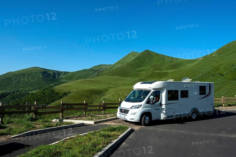 Motorhome at the foot of the Monts Dore in the Auvergne Volcanoes Natural Park