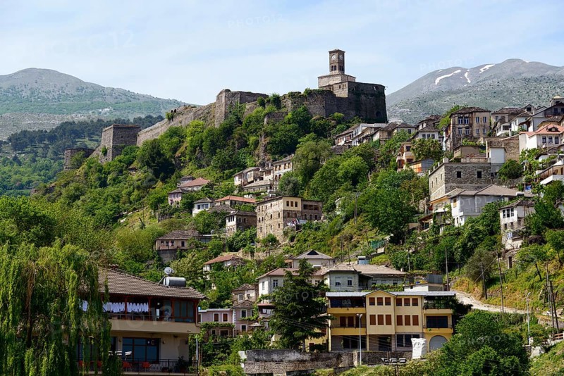 Town with castle hill and clock tower