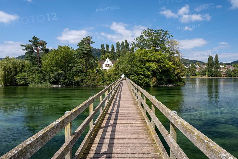 Wooden bridge over the Rhine to Werd Monastery Island