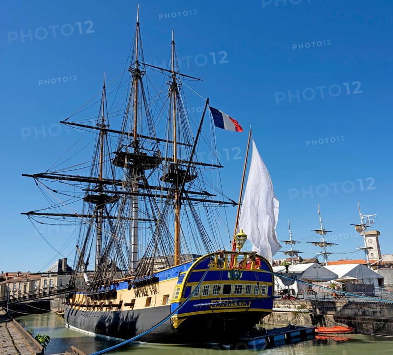 Replica of French frigate l'Hermione in her dock at the Arsenal of Rochefort