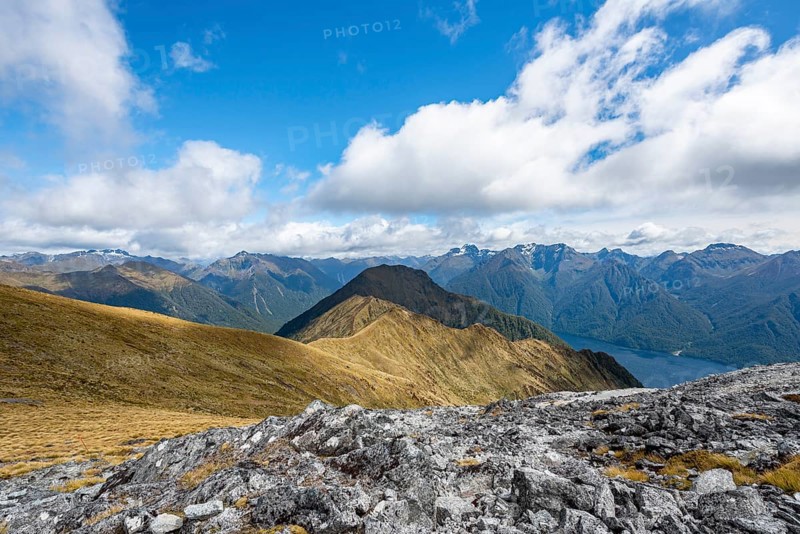 View of mountain peaks of Murchison Mountains and Kepler Mountains and Lake Te Anau