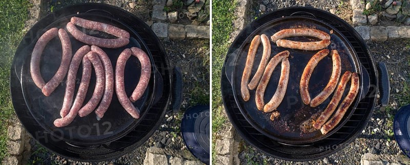Unroasted and ready-roasted bratwursts in a grill pan