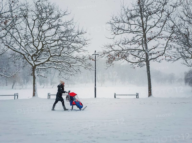 Snowy winter scene with a mom walking in the park with her baby on pram type sledge. Street photography seasonal scene