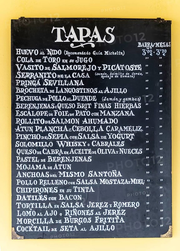 Menu with different tapas at a tapas bar