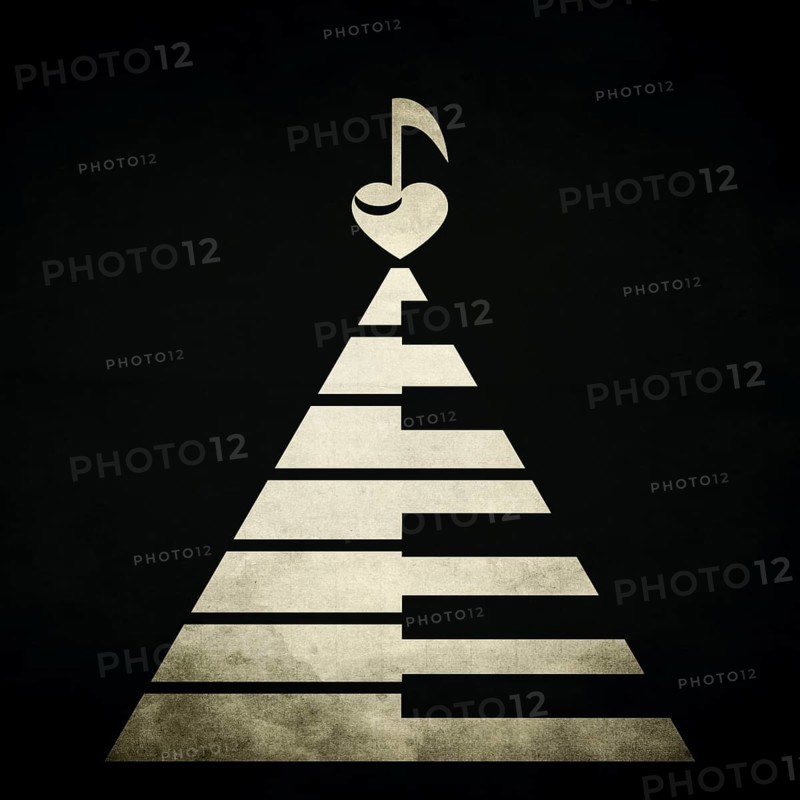 Piano keyboards in shape of a triangle or pyramid with a heart and musical note on the top. Old
