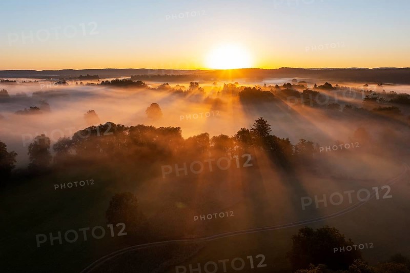 Sunrise with fog over cultivated landscape