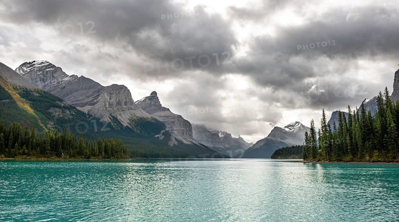 Turquoise blue glacial lake Maligne Lake
