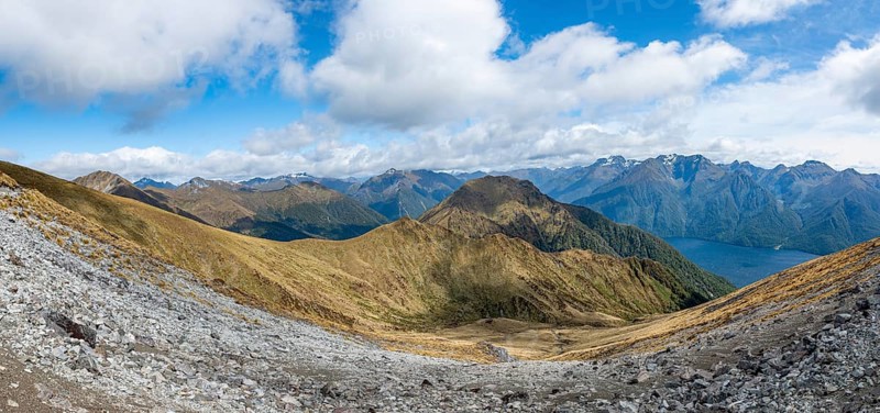 View of mountain peaks of Murchison Mountains and Kepler Mountains and Lake Te Anau