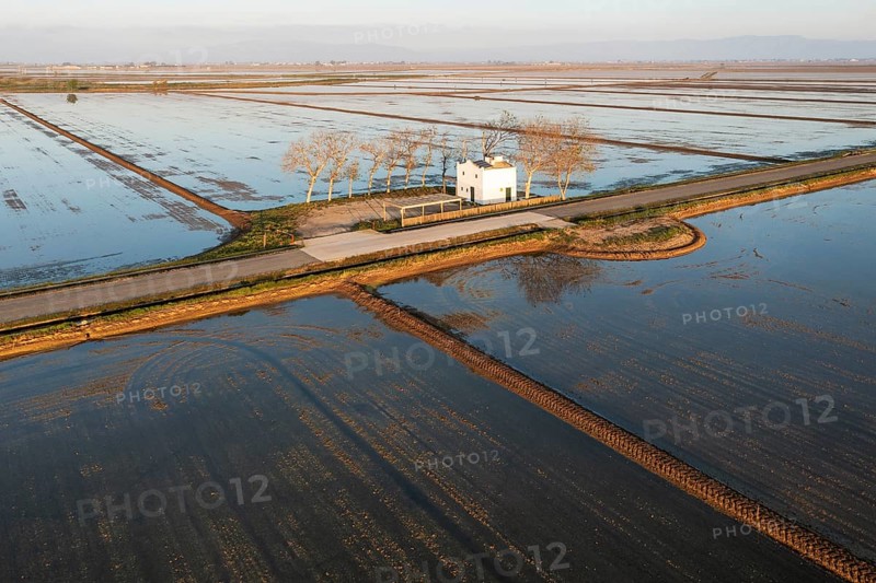 Small farm cottage amidst flooded rice fields in May