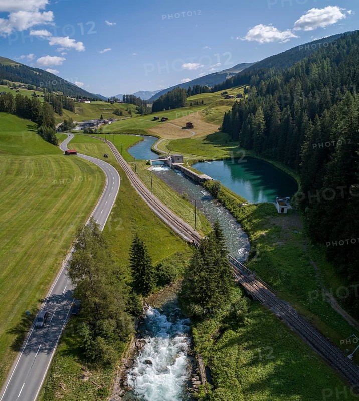 Railway line and road along the Landwasser river