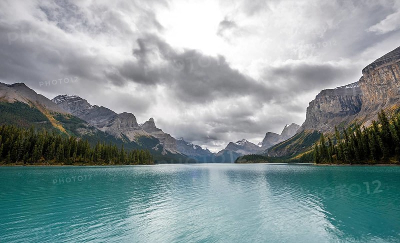 Turquoise blue glacial lake Maligne Lake