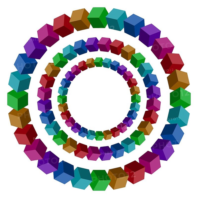 Circles constructed of a lot of colorful vector blocks. Isometric cubes for impossible 3d designing. Mathematical object with mental trick. Penrose optical illusion of brain