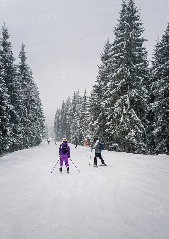 People skiing on the snowy slope of Bukovel ski resort in the Ukrainian Carpathian mountains. Snow falling scene