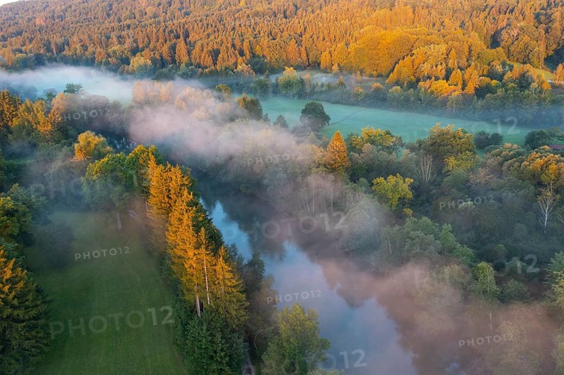 Clouds of fog over the Loisach River near Eurasburg