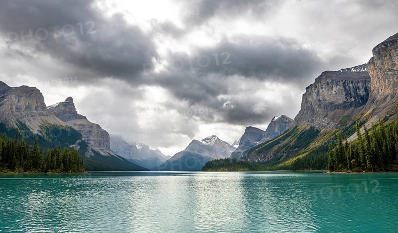 Turquoise blue glacial lake Maligne Lake