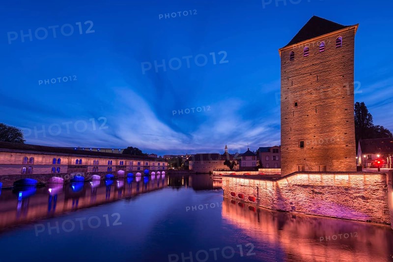 Ponts couverts and Barrage Vauban over ILL canal at sunset
