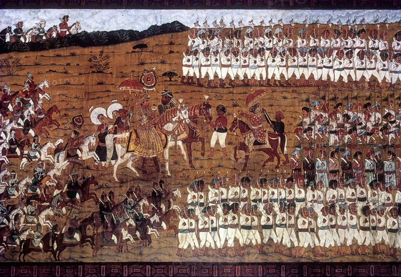 The battle of Pollilur painting on the wall of the Daria Dawlat Bagh Summer Palace of Tipu Sultan at Srirangapatna near Mysore