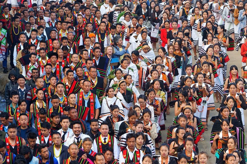 Naga tribesmen participating in the stone-pulling ceremony during the Kisima Nagaland Hornbill Festival