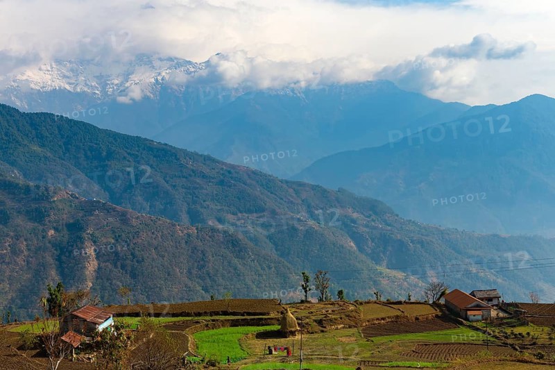 Himalayan Mountains seen from the mountain village of Dhampus