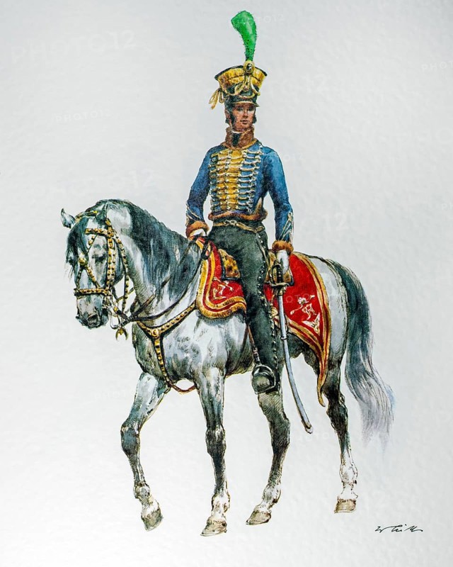 Austrian Cavalry Officer on Horseback in Hungarian Campaign Uniform from 1837