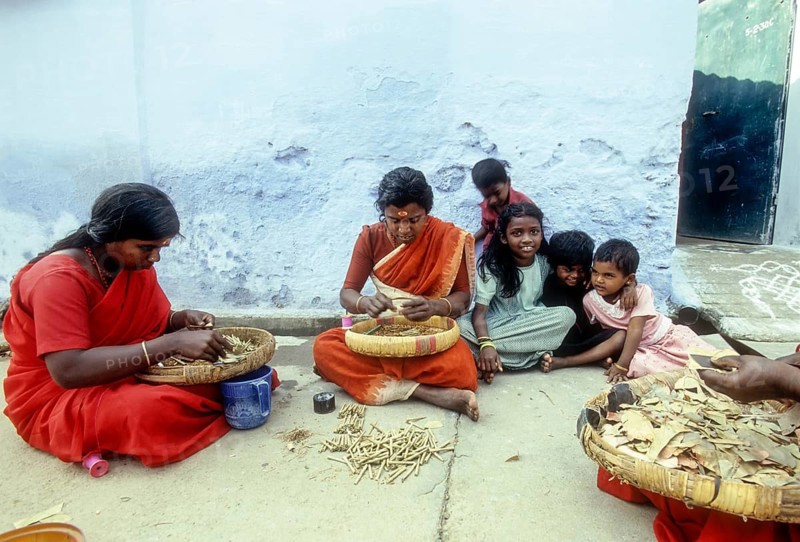 Women rolling Beedis by sitting