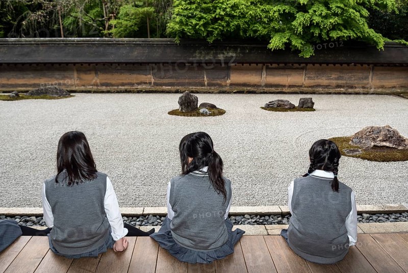 Schoolgirl in Zen Rock Garden
